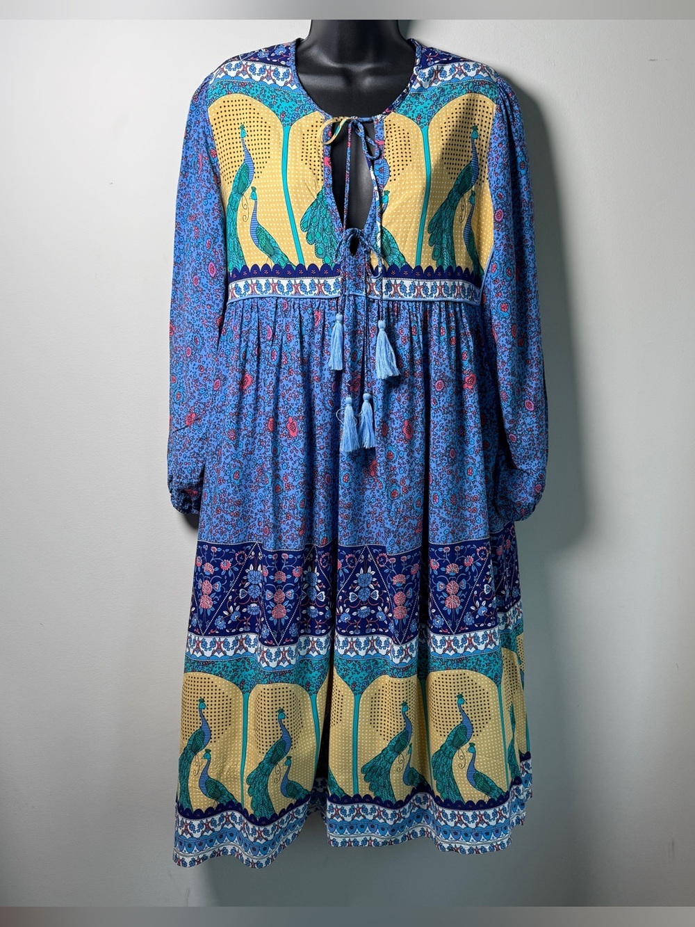 R. Vivimos Peacock Print Boho Midi Dress | Size L (US 12/14) | Festival Boho